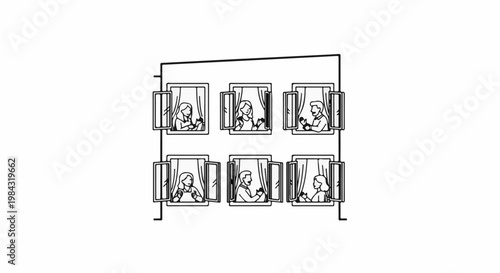 People in windows of a building holding cups