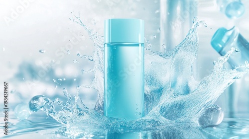 Cosmetic bottle with aqueous splash, clean design, bright lighting, blurred background, fresh