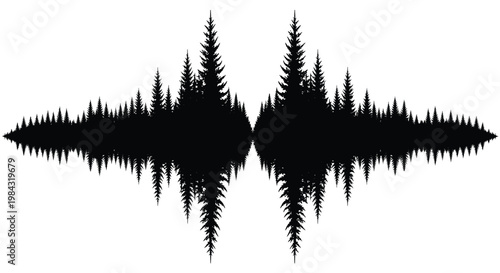 Tableau sur toile A striking black shape resembling a sound wave is formed by a dense forest of ev