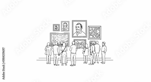 People observe framed artworks on a gallery wall in a simple line drawing