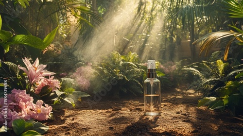 A glass spray bottle sits on a forest floor amidst vibrant flora, illuminated by ethereal sunlight
