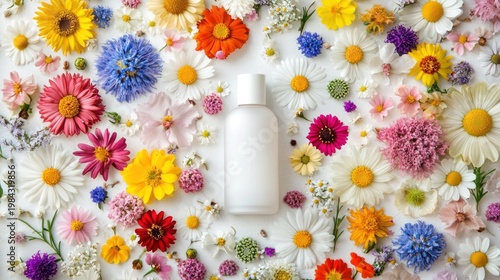A white bottle centered amidst a vibrant array of diverse, colorful flowers on a white background
