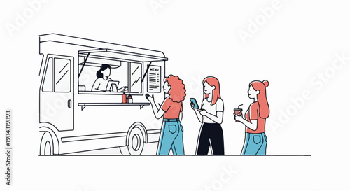 People in line at a food truck, ordering and receiving drinks