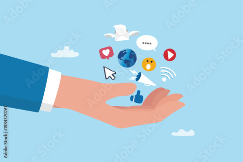 Marketing or branding communication, social media or social network online digital strategy, advertising or client engagement, businessman hand with social media marketing elements.
