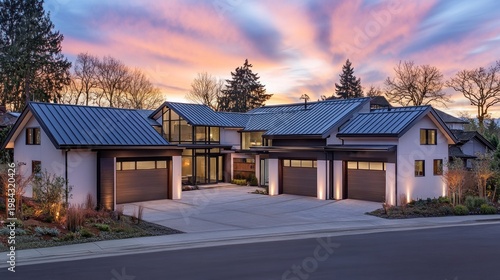 Modern house with multiple garages at sunset, set against a colorful sky