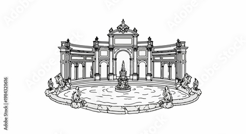 Ornate fountain with classical architecture and surrounding statues