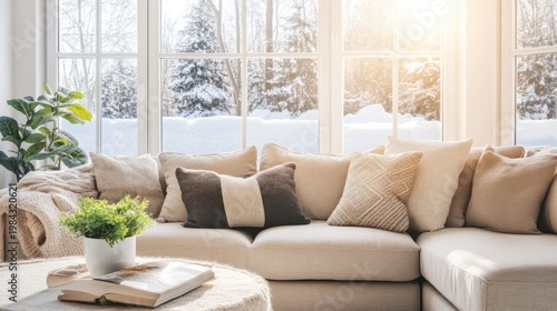 Cozy living space with neutral-toned sofa and large window overlooking snowy trees
