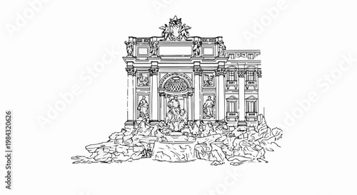 Ornate fountain structure with figures and cascading water elements in monochrome sketch