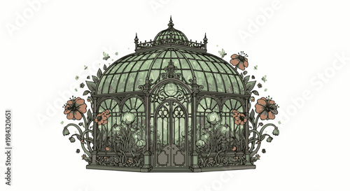 Ornate glass conservatory adorned with blooming flowers and fluttering butterflies