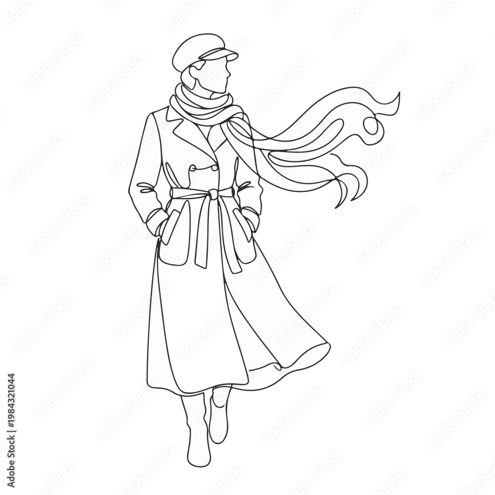 Fototapeta premium Elegant woman in a trench coat and scarf, looking away and walking 