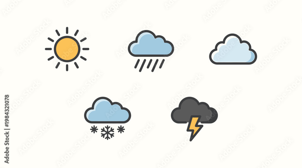 Obraz premium Collection of assorted weather icons depicting sunshine, rain, clouds, snow, and thunderstorms