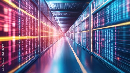 Data center hallway with servers and glowing digital data streams, perspective view
