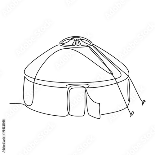 Simplified yurt illustration featuring continuous lines. The design highlights a circular dwelling with ropes and door. 