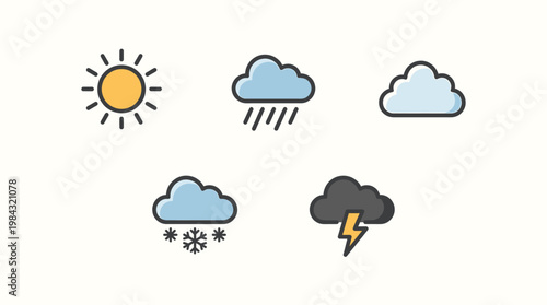 Collection of assorted weather icons depicting sunshine, rain, clouds, snow, and thunderstorms