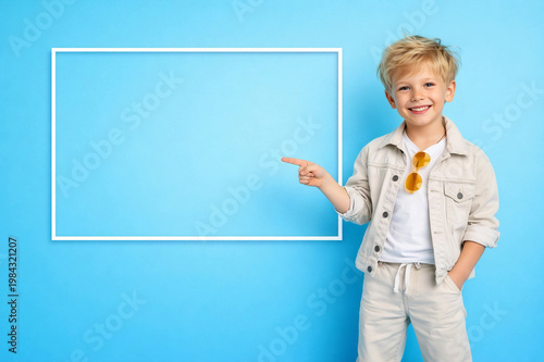 Cute boy pointing at empty frame on blue background with copy space