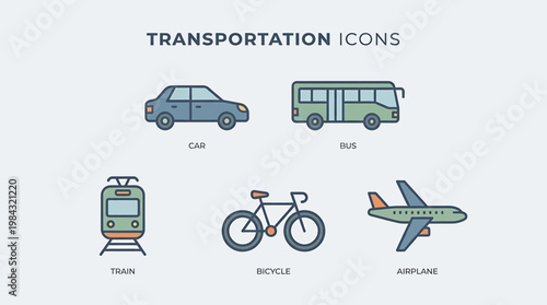 Collection of transportation icons including a car, bus, train, bicycle, and airplane