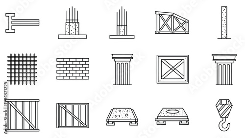 Industrial construction components and infrastructure elements line icons for technical documentation.