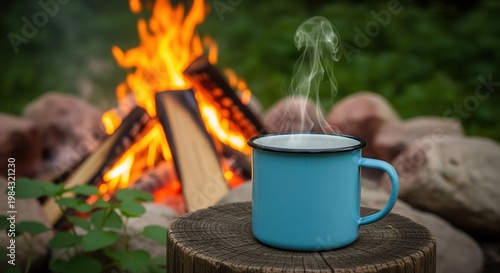 A blue camping mug steams on a wooden stump with a bright campfire in the background. Perfect for outdoor adventures, camping trips, hiking getaways, and promoting camping gear.