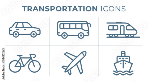 Collection of Transportation Icons including Car, Bus, Train, Bicycle, Airplane and Ship