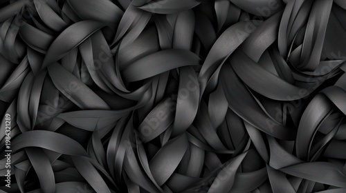 Abstract monochrome image featuring intricate dark grey leaf-like ribbons, twisted and interwoven