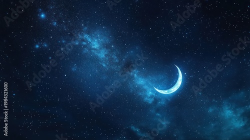 Crescent moon in a dark blue night sky filled with twinkling stars and nebulas