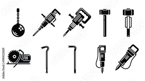 Heavy duty demolition tool icons showing wrecking ball jackhammer crowbar and circular saw silhouettes.