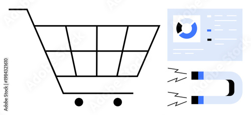 E-commerce concept. E-commerce strategies a shopping cart, analytics dashboard, and magnet for customer attraction. E-commerce performance and sales growth. Ideal for marketing, retail, online