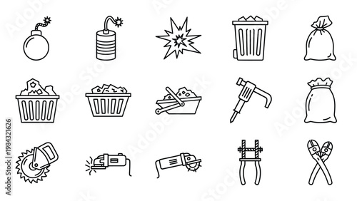 Set of black and white outline icons representing construction tools and materials.