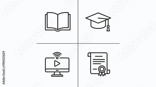 Modern line art icon set illustrating core educational concepts including open books, graduation caps, online courses, and academic diplomas for learning platforms