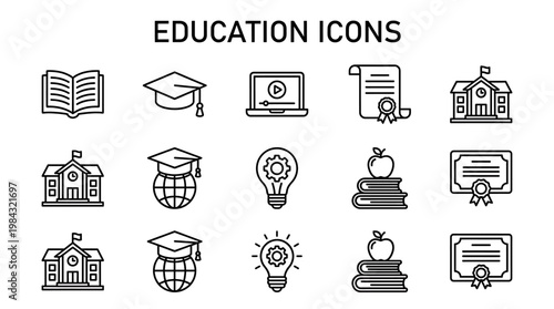 Comprehensive Set of Vector Line Icons Illustrating Education, Academic Study, and Knowledge Acquisition Concepts for Learning and Development