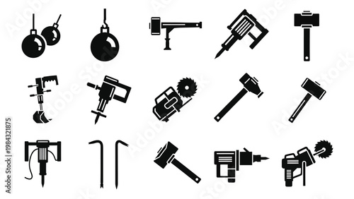 Collection of black icons depicting demolition tools and heavy construction equipment.