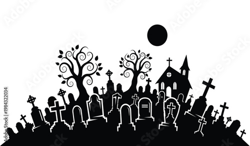 A stark black silhouette depicts a haunted graveyard scene with a looming mansion gnarled trees and tombstones under a dark moon silhouette high quality