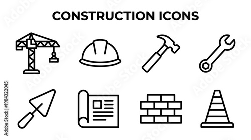 Comprehensive collection of essential construction line icons, featuring a crane, safety helmet, various tools, and building elements for design projects