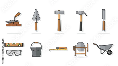 Building construction equipment icons with wheelbarrow concrete mixer and safety gear.