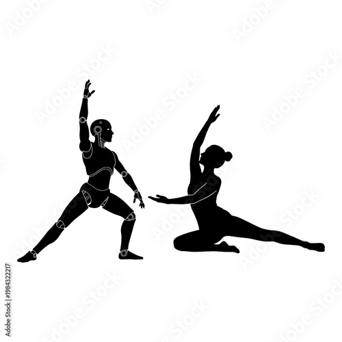 Two dancers performing distinct yoga-inspired stretching poses side by side Vector, illustration
