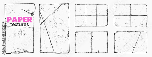 Grunge paper overlay collection with vinyl paper overlay. Old folded pages with damaged edges and crease marks. Textured blanks for posters and frames.