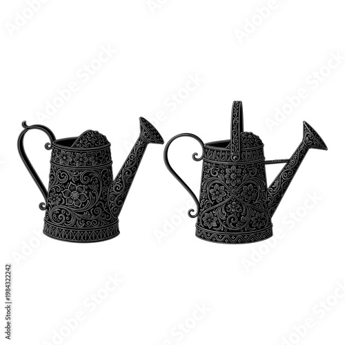 Intricate design watering cans displayed side by side with ornate patterns Vector, illustration