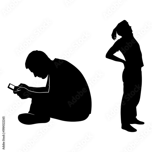 A person kneeling and using a phone while another stands with arms crossed in the background Vector, illustration