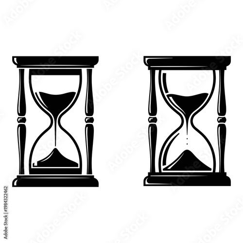 Classic hourglass illustrations showing different sand flow states side by side Vector, illustration