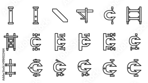 Scaffolding clamps and connector hardware line icons for metal framework assembly and security.