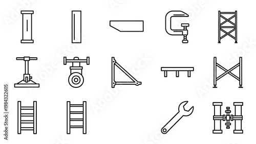 Construction tools and equipment line art icons for building and repair.