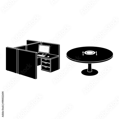 Modern office cubicle and round standing table setup for workspace efficiency Vector, illustration