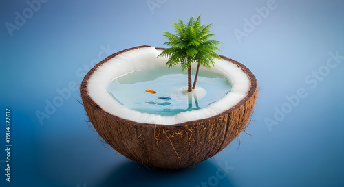 Tranquil miniature pool inside a hollowed-out coconut with a palm tree and fish illustration
