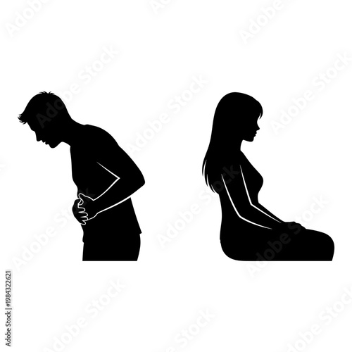 Silhouettes of a man with stomach pain and a woman in labor kneeling down. Vector, illustration