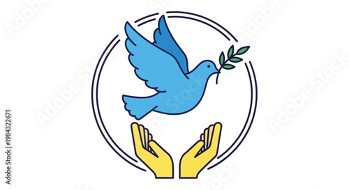A blue dove carrying an olive branch rests within cupped hands symbolizing peace