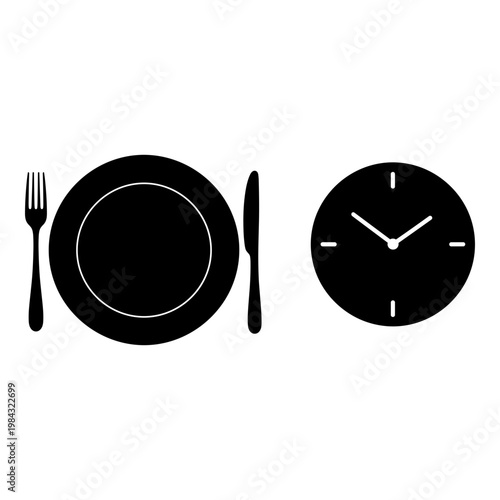 Dinner Time Icon, Meal Schedule Symbol, Clock and Plate Vector Graphic
