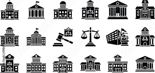 Collection of government and legal building icons with city hall scales of justice legal system