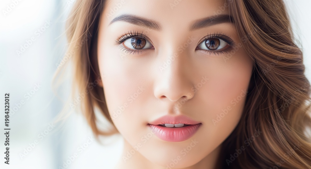 Naklejka premium Close-up portrait of a young woman with brown wavy hair and natural makeup, looking at camera with calm expression. Perfect for beauty, skincare, cosmetics, and lifestyle content.