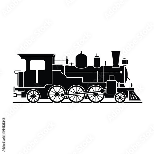 A black and white illustration of a vintage steam locomotive