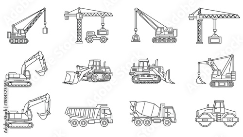 Construction heavy machinery and vehicles in line art style.